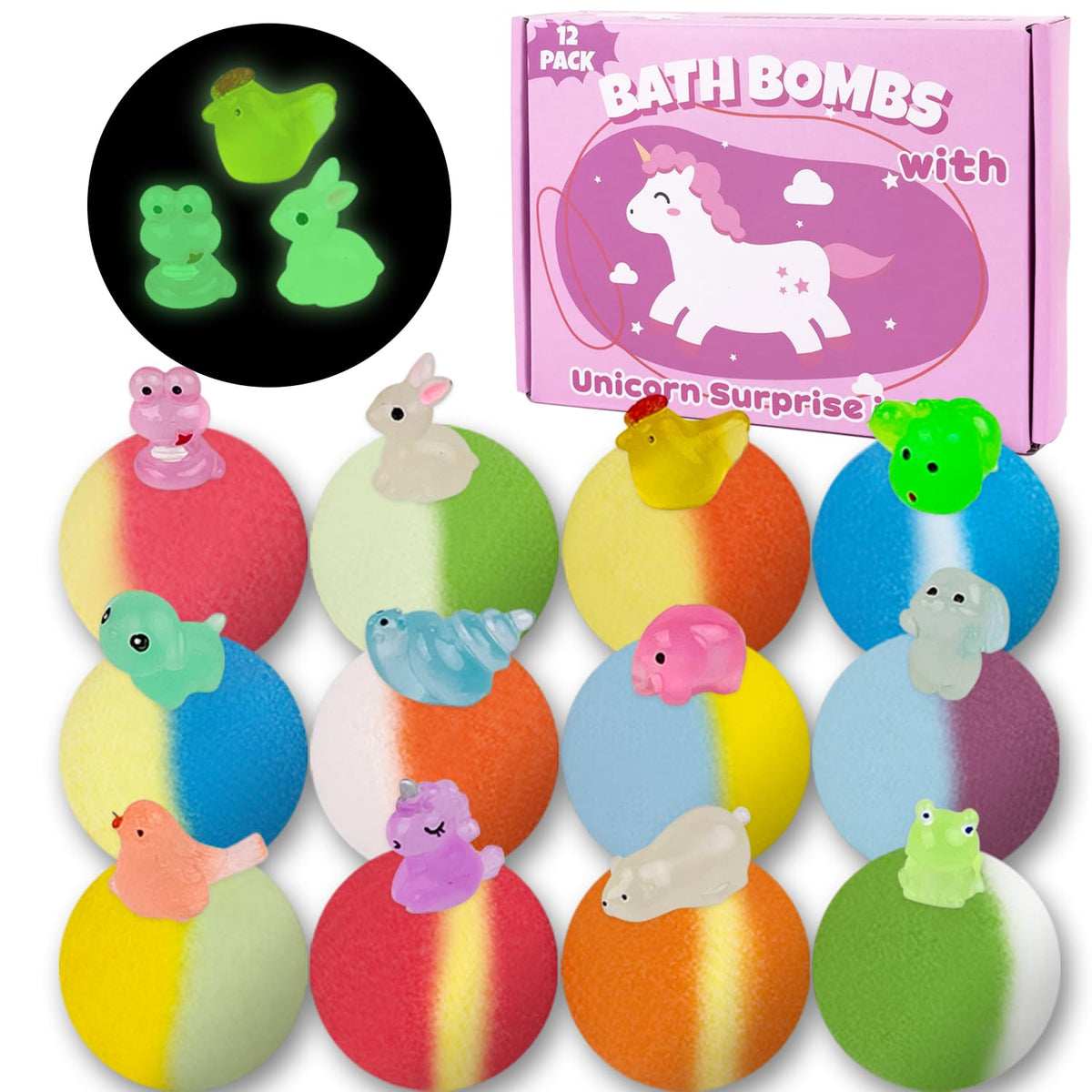 Bombas de baño DOVIPE con sorpresa luminosa, ideal para sorprender a los niños en la hora del baño.