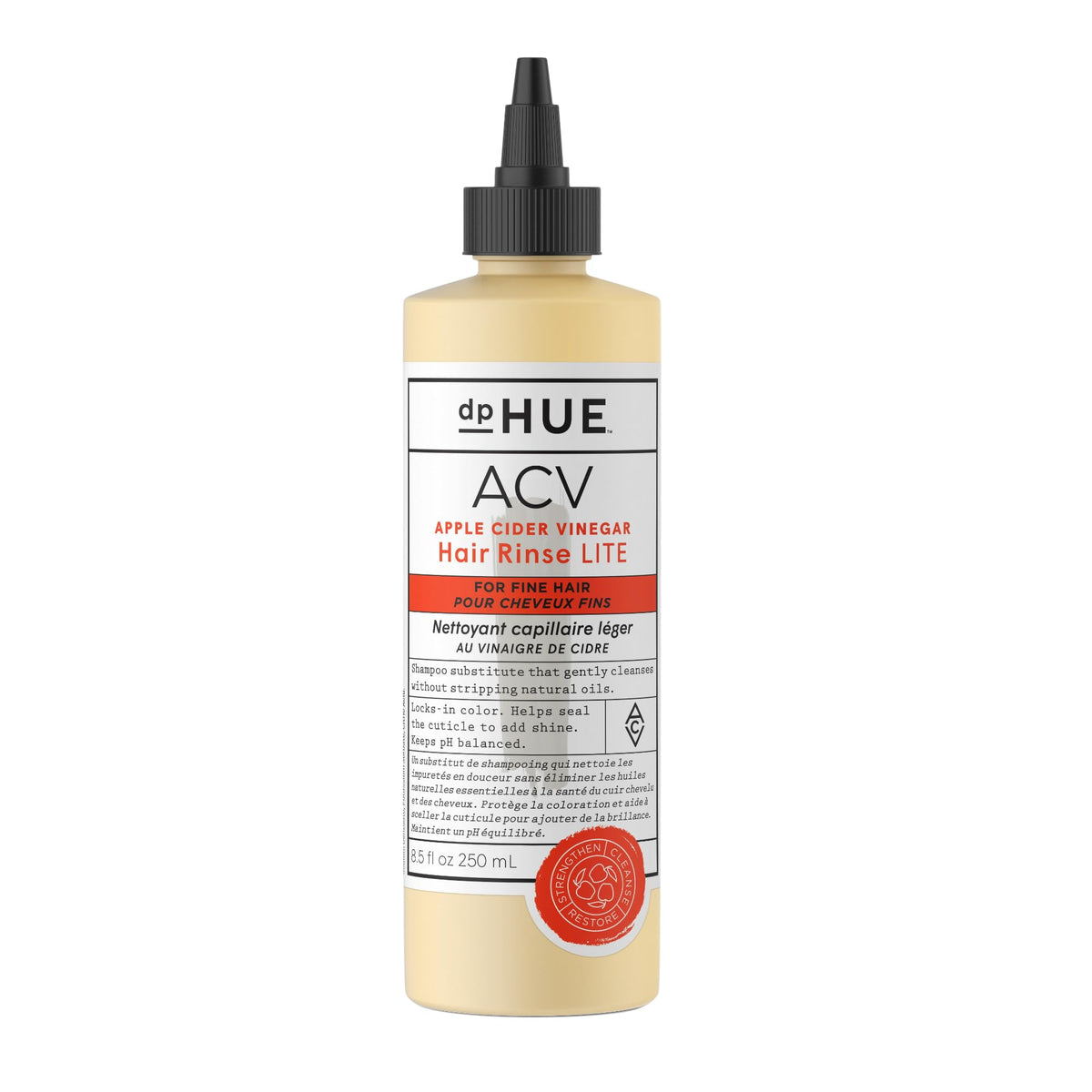 dpHUE ACV Lite, botella de lavado suave para cabello fino y brillo natural.