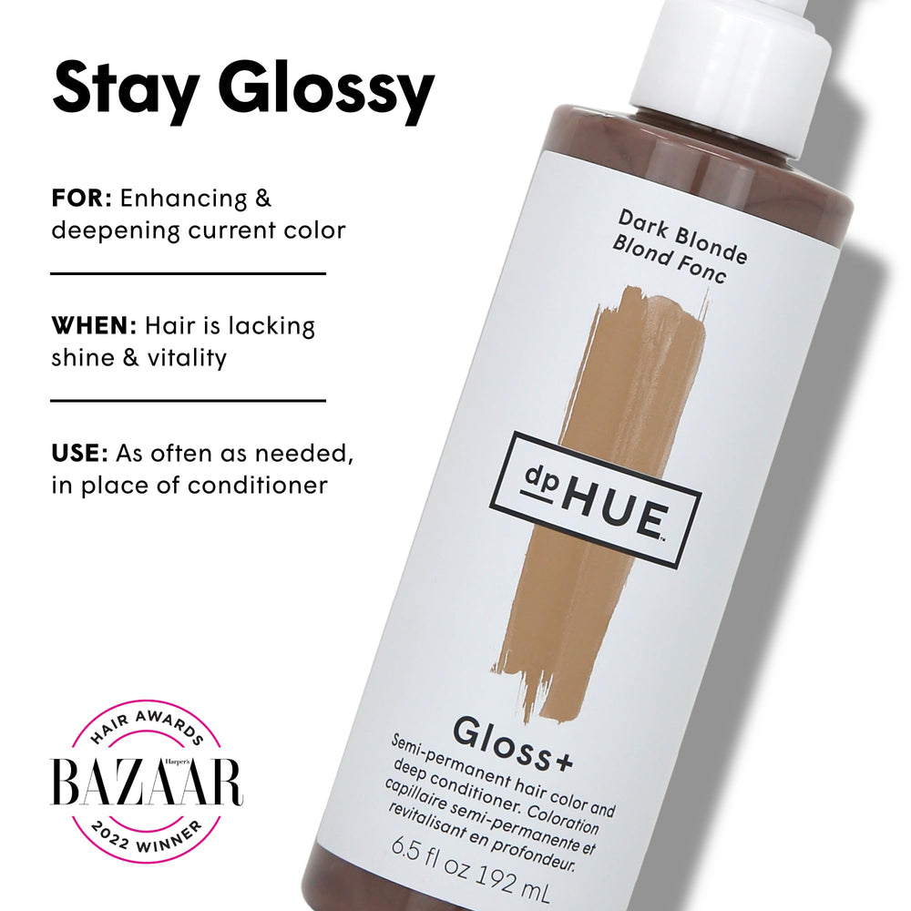 dpHUE Gloss+ Dark Blonde, aplicación en cabello, añade tono y suavidad temporal.