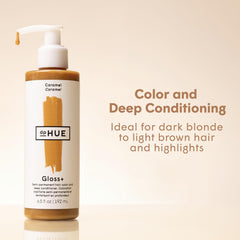 dpHUE Gloss+ Caramel - etiqueta y logo, muestra tono cálido realzado en casa.