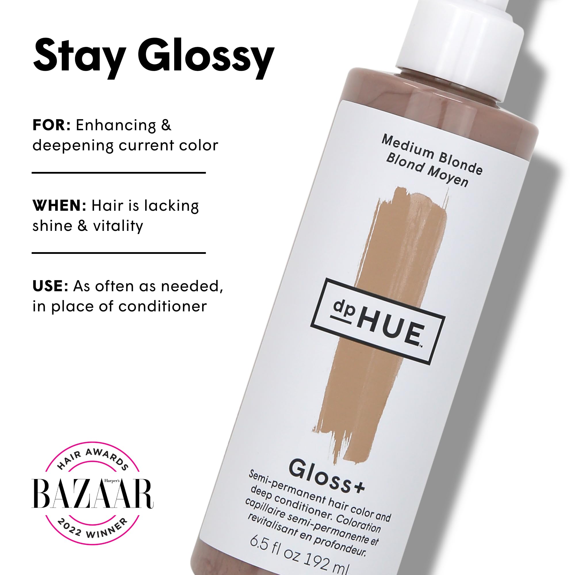 dpHUE Gloss+ Rubio Medio, aplicación rápida para realzar color y suavidad del cabello