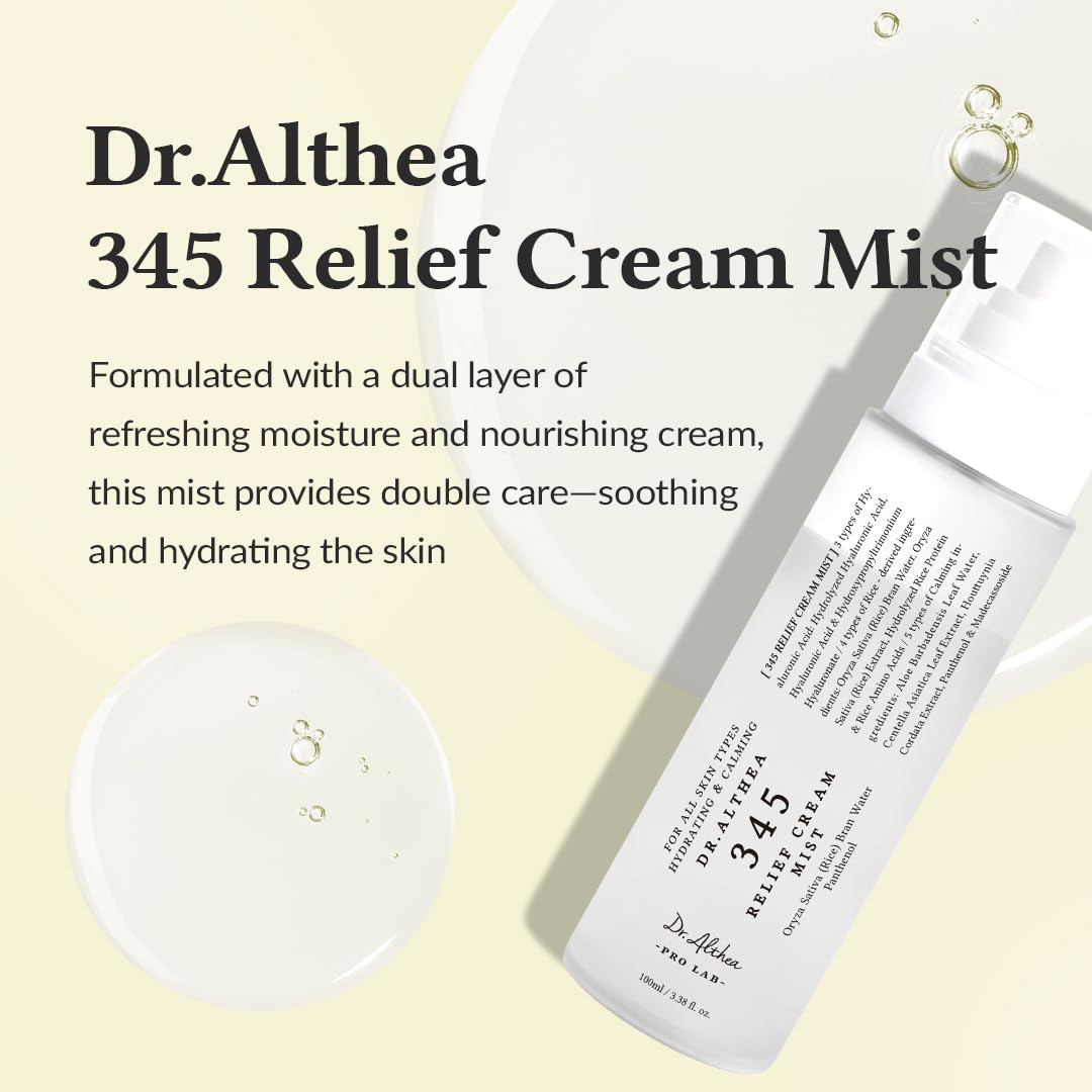 Dr.Althea 345 Relief Cream Mist, botella-atomizador para aplicación rápida e uniforme.