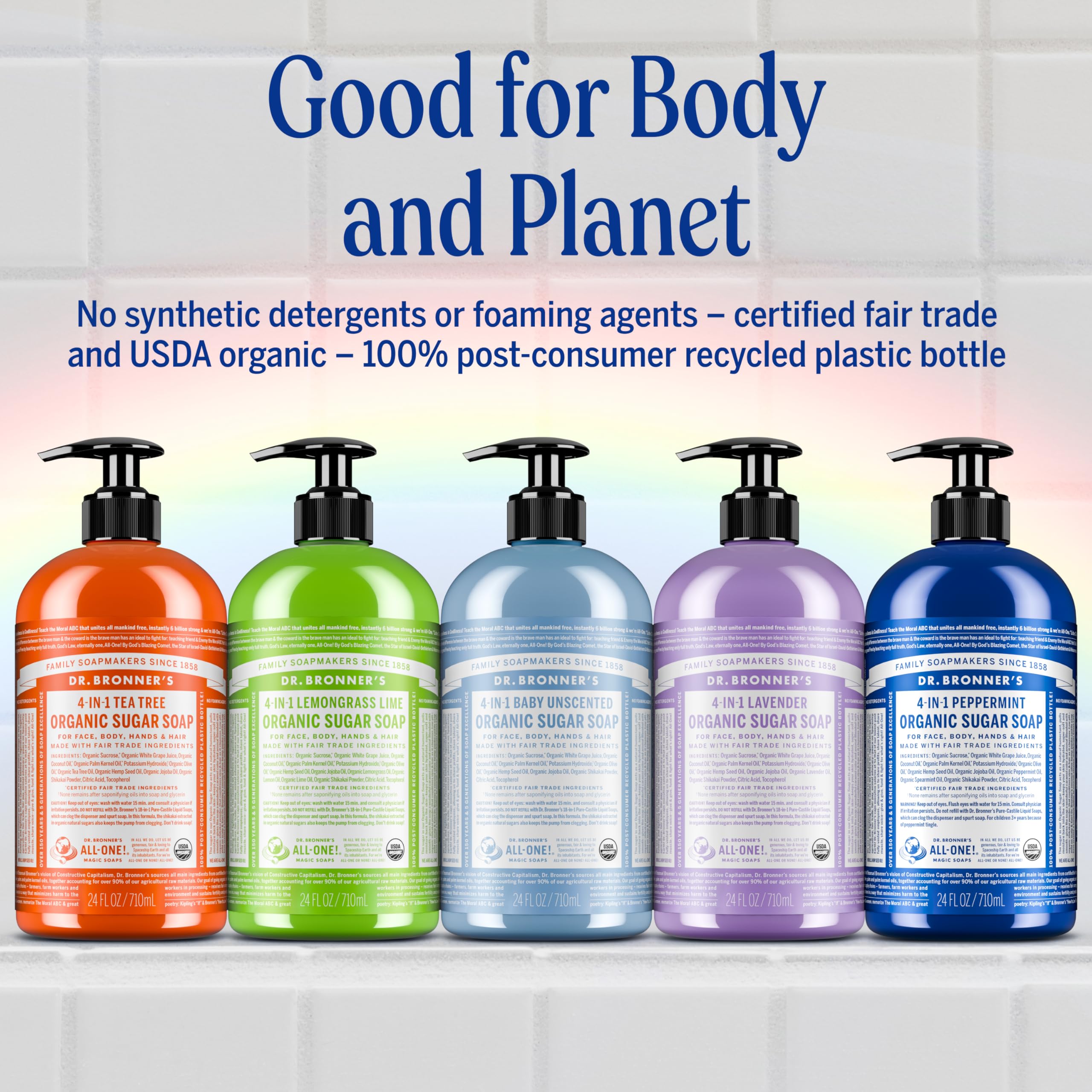 Utilisation multi-usages: mains, visage et cheveux avec Dr. Bronner’s Lavande