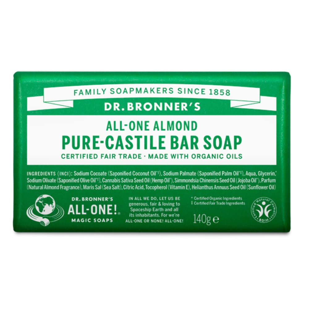 Dr. Bronner's All-One barra castile almendra envase reciclado para el medio ambiente
