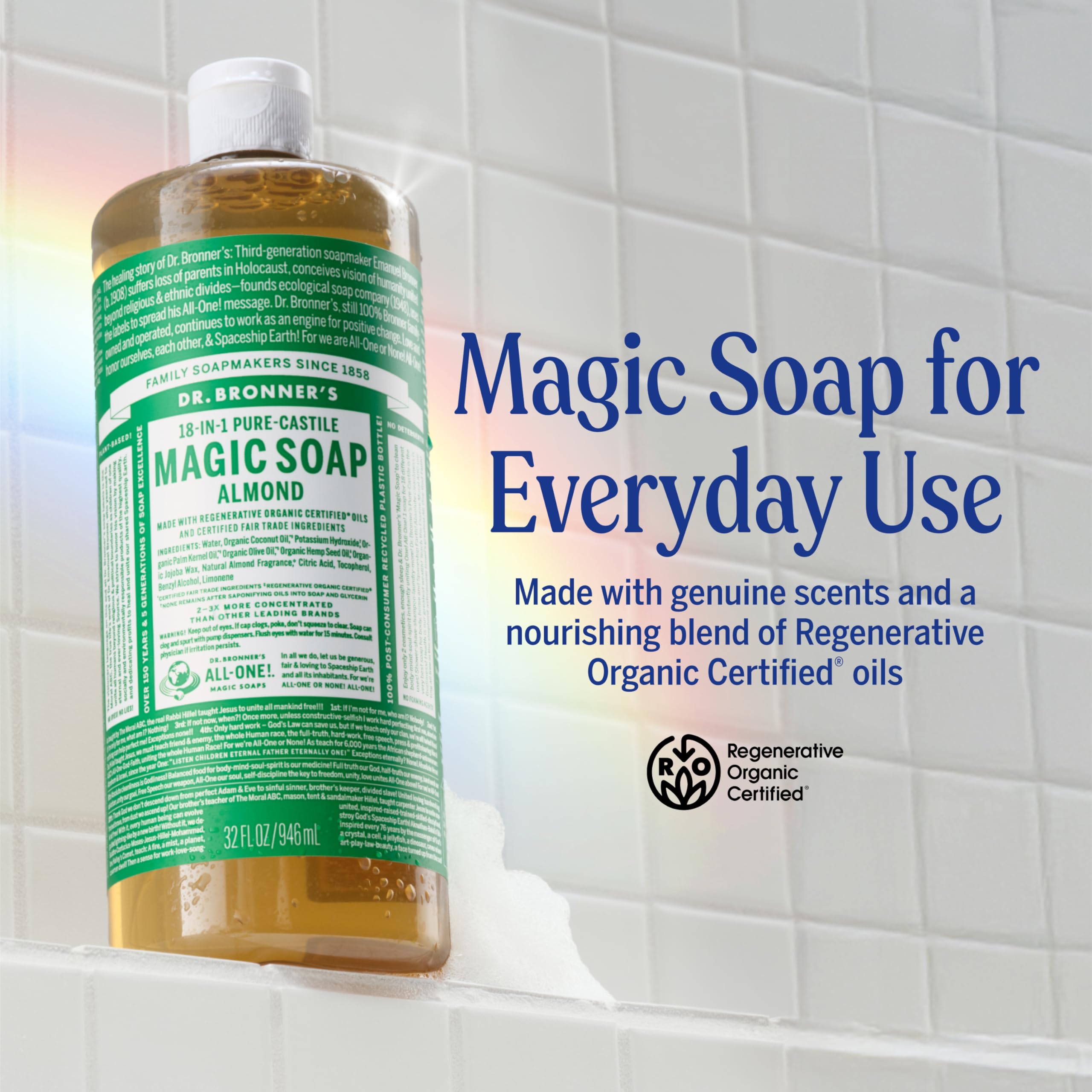 Dr. Bronner's almendra para cuidado facial diario y piel renovada.