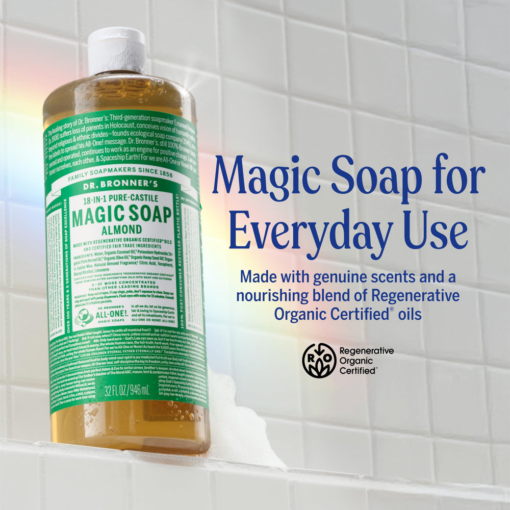Dr. Bronner's almendra para cuidado facial diario y piel renovada.