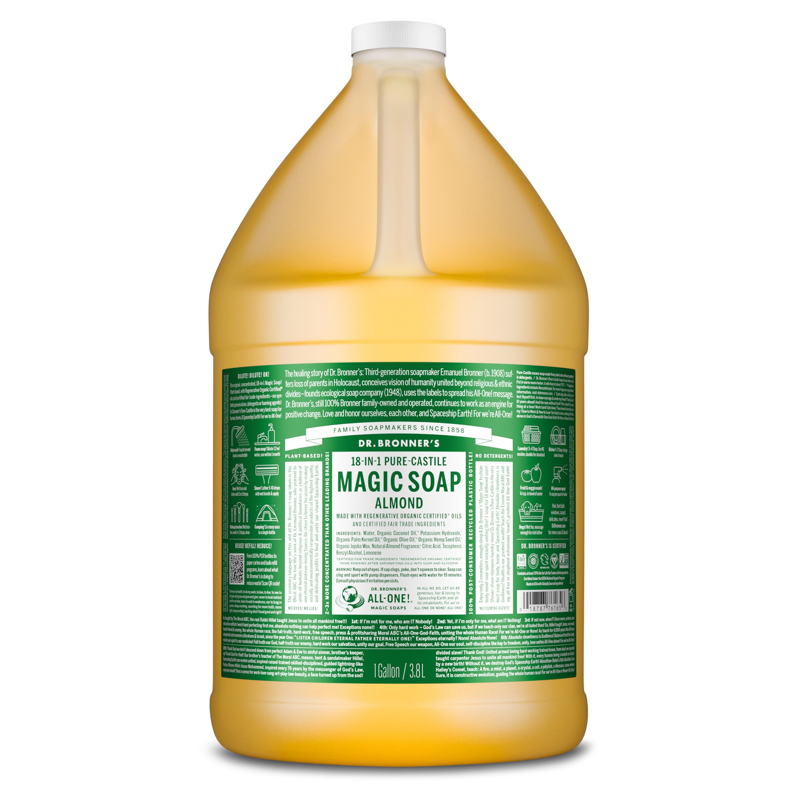 Dr. Bronner's Jabón Castile Almendra, botella vertiendo, perfecto para limpieza diaria.