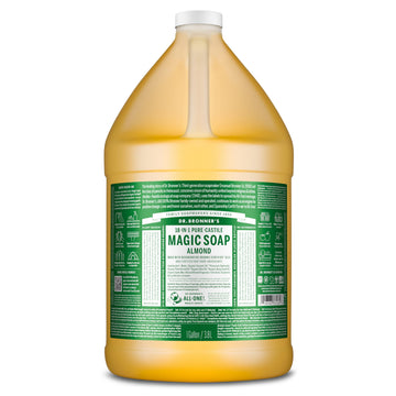 Dr. Bronner's Jabón Castile Almendra, botella vertiendo, perfecto para limpieza diaria.