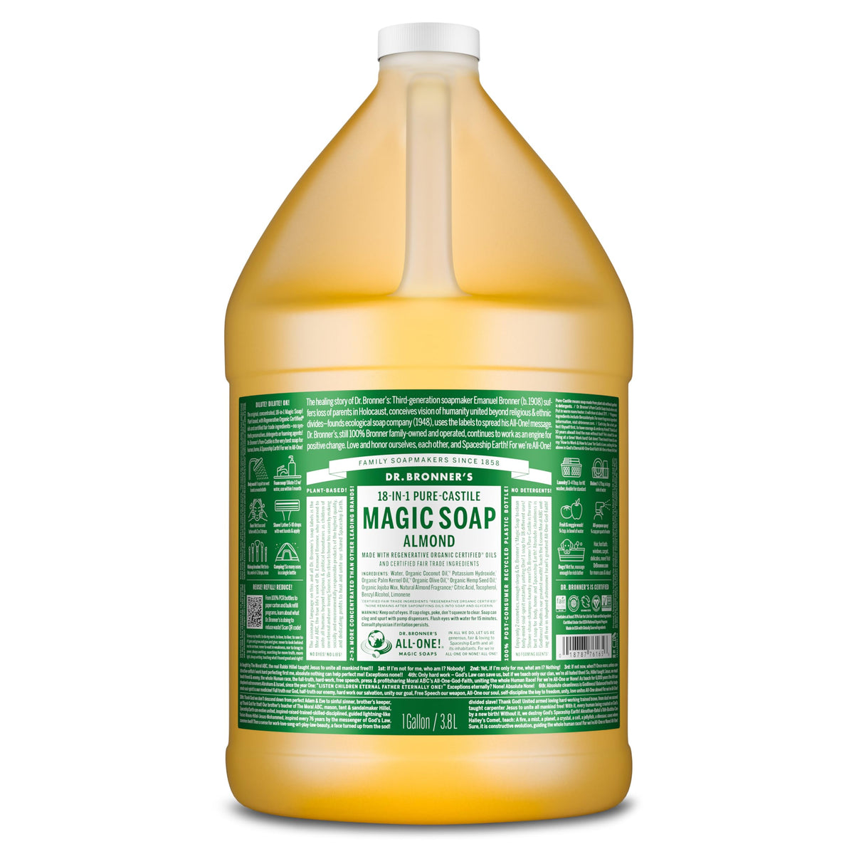 Dr. Bronner's Jabón Castile Almendra, botella vertiendo, perfecto para limpieza diaria.