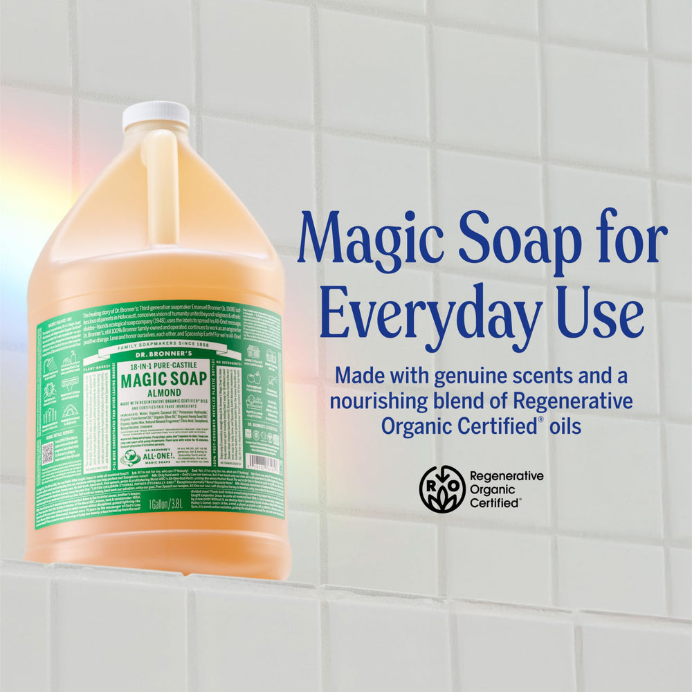 Dr. Bronner's Jabón Castile Almendra, espuma abundante para piel suave.