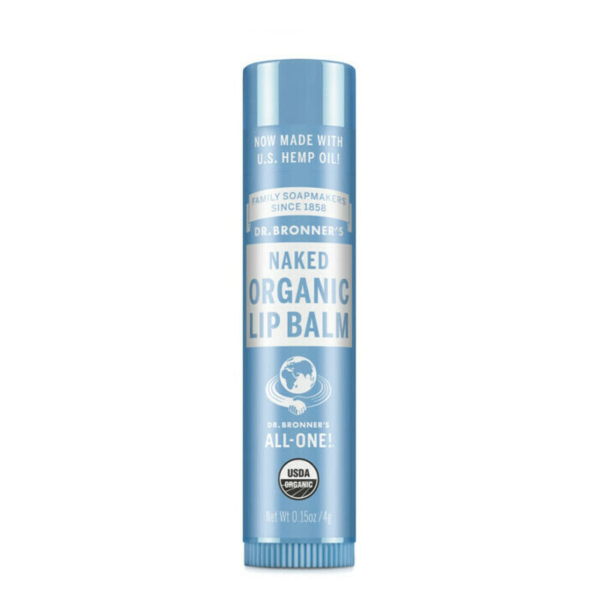 Bálsamo labial Dr. Bronner's Naked, empaque frontal, hidratación suave sin fragancias.