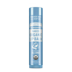 Bálsamo labial Dr. Bronner's Naked, empaque frontal, hidratación suave sin fragancias.