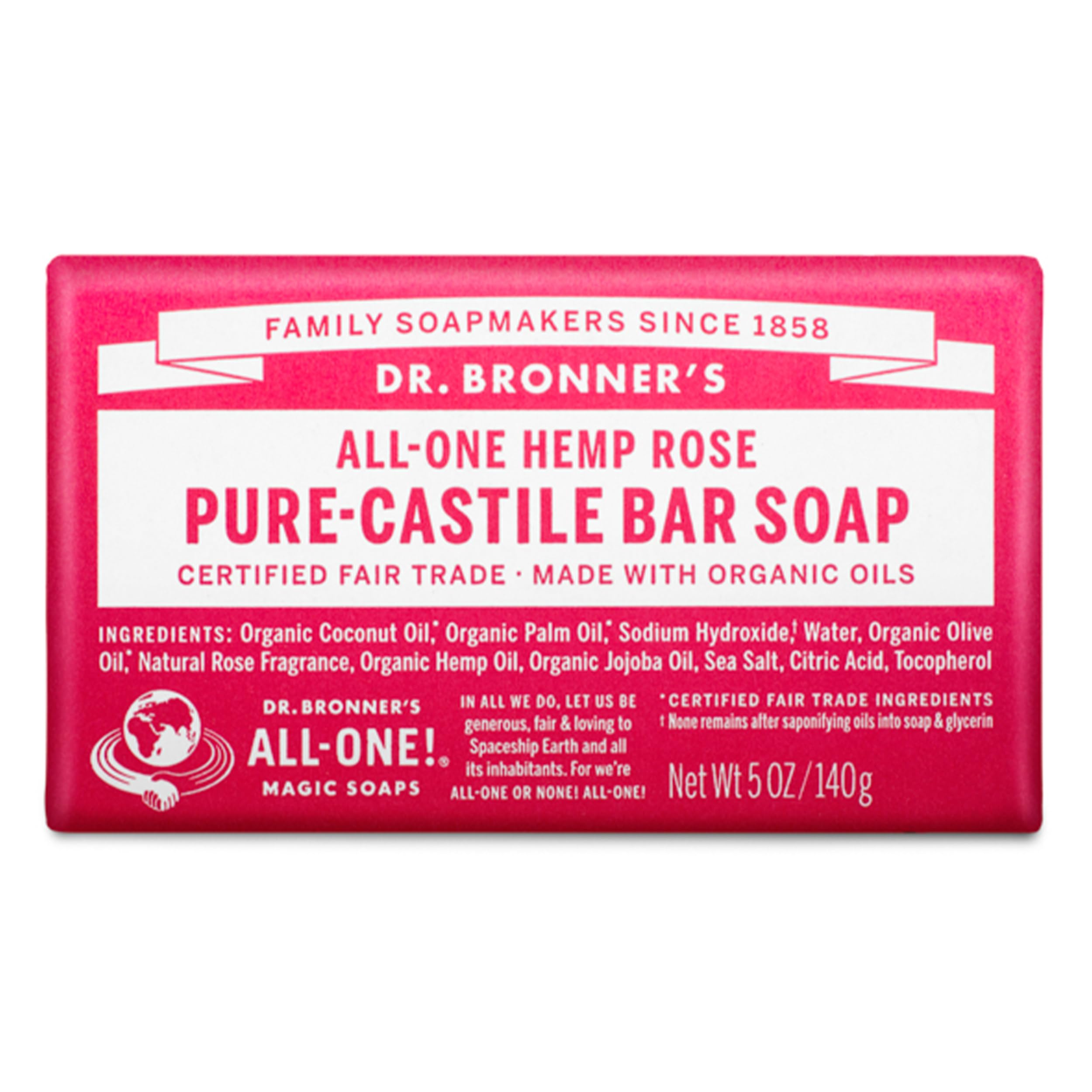 Dr. Bronner's Barra Castile Rosa en empaque, suave para rostro y cuerpo