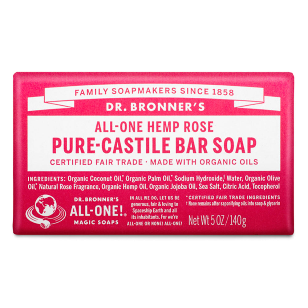 Dr. Bronner's Barra Castile Rosa en empaque, suave para rostro y cuerpo