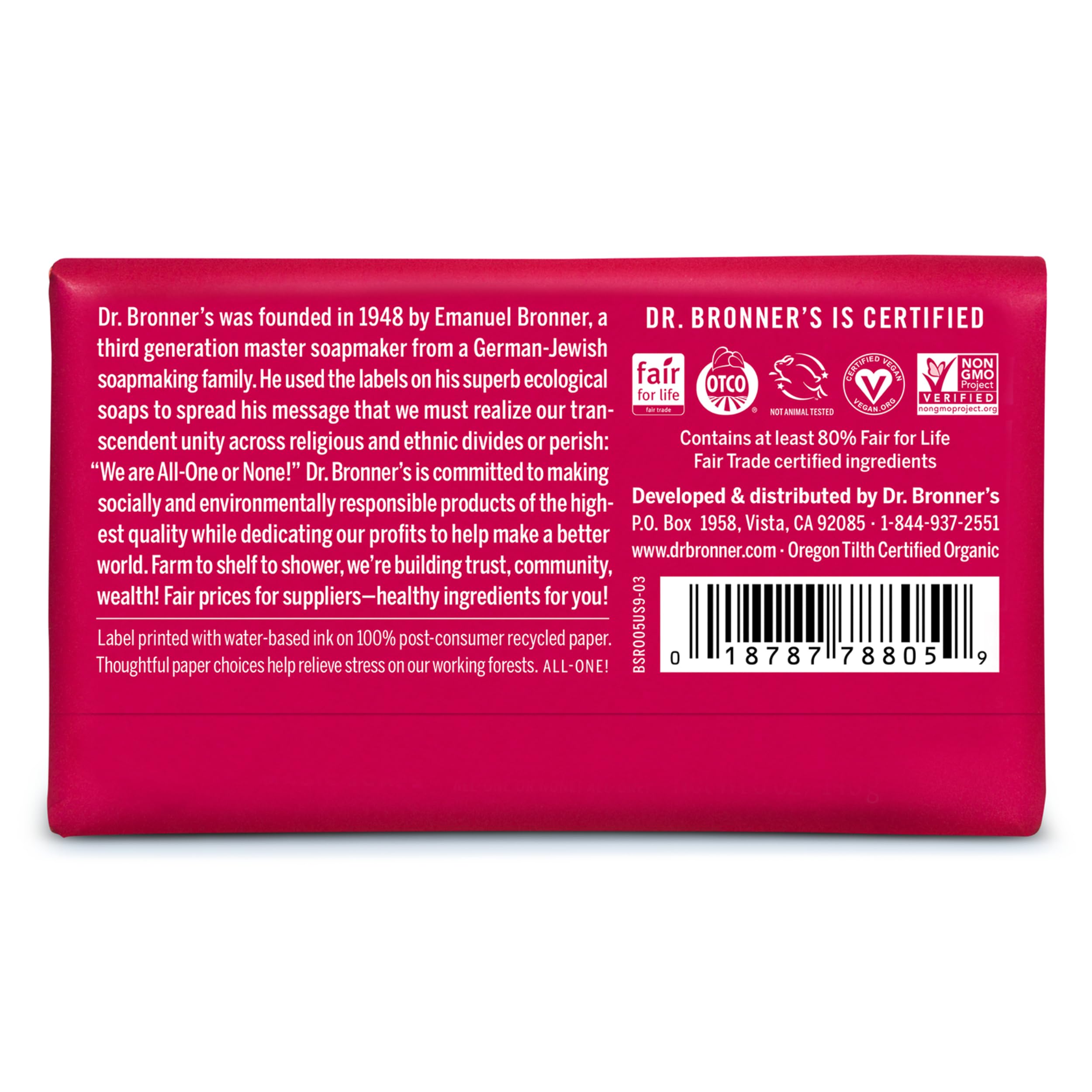 Espuma cremosa de Dr. Bronner's Barra Castile Rosa para limpieza suave