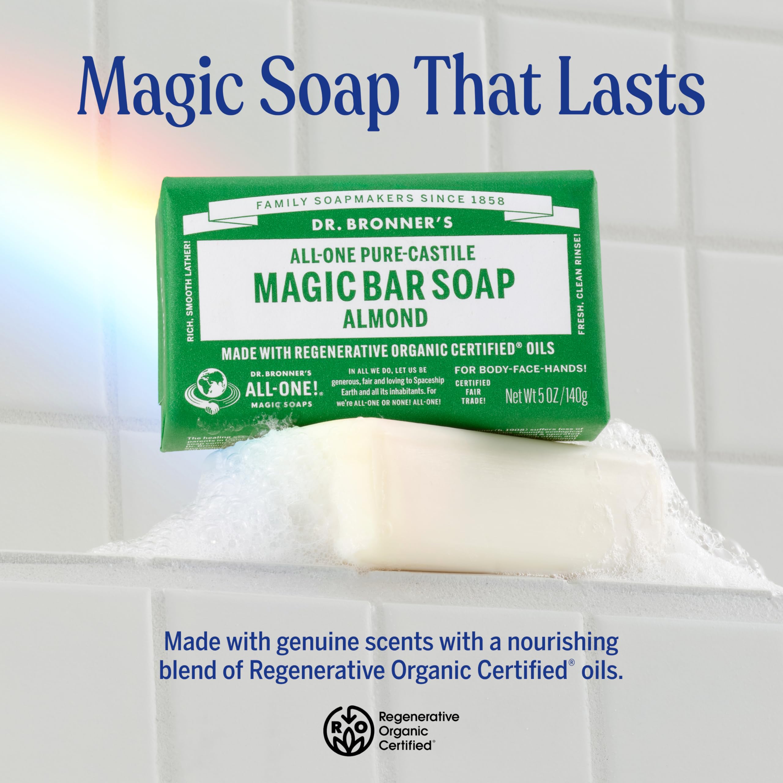 Dr. Bronner’s barra Castilla Almendra, espuma densa para ducha suave.