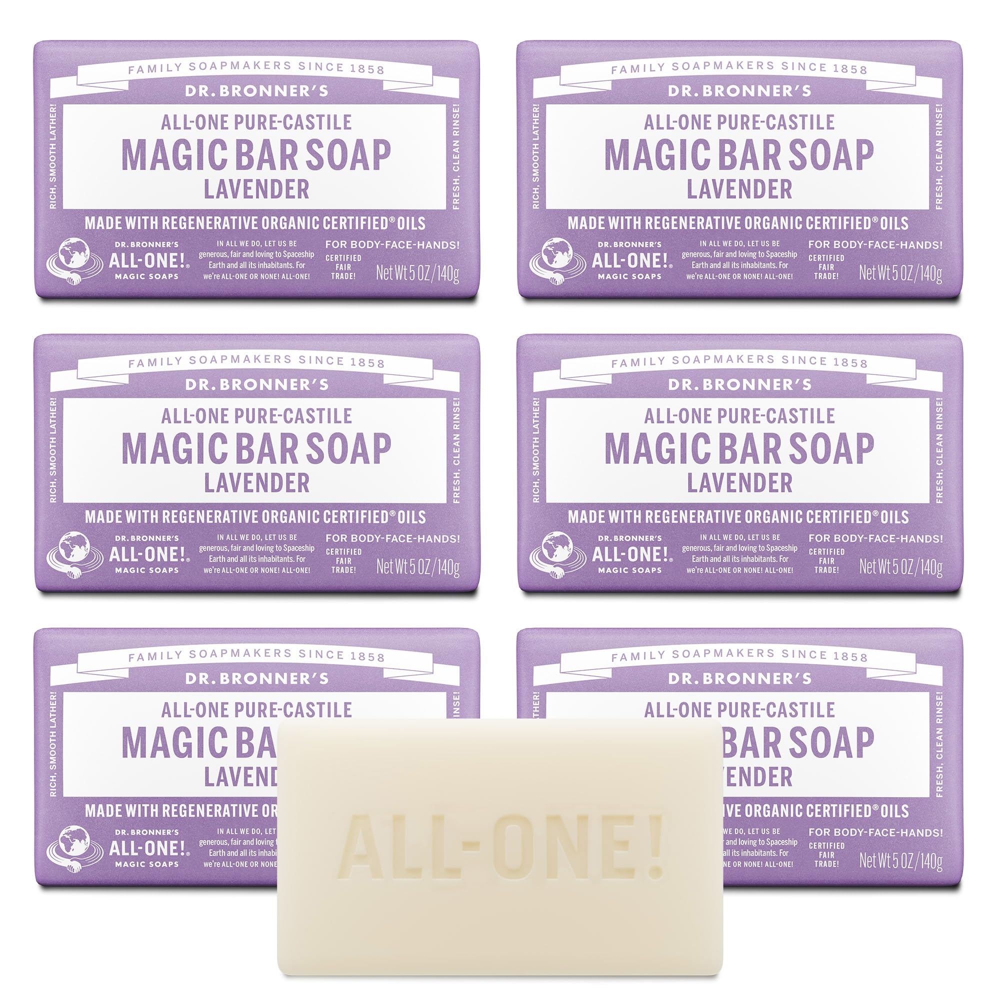 Dr. Bronner's barra de jabón lavanda, espuma cremosa y lavado suave.