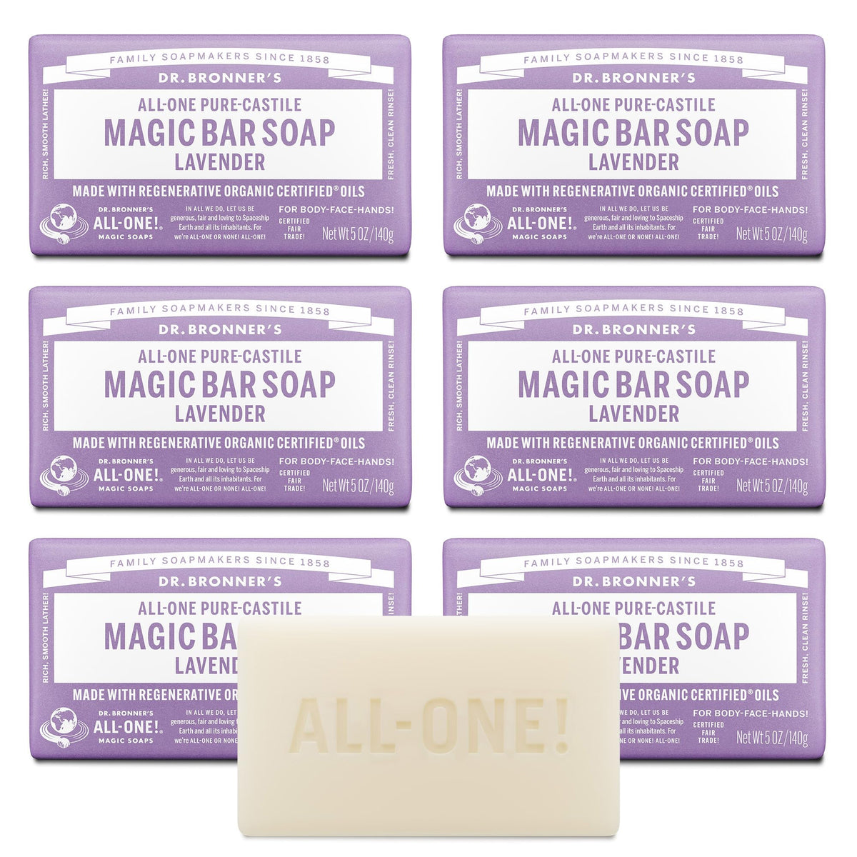 Dr. Bronner's barra de jabón lavanda, espuma cremosa y lavado suave.
