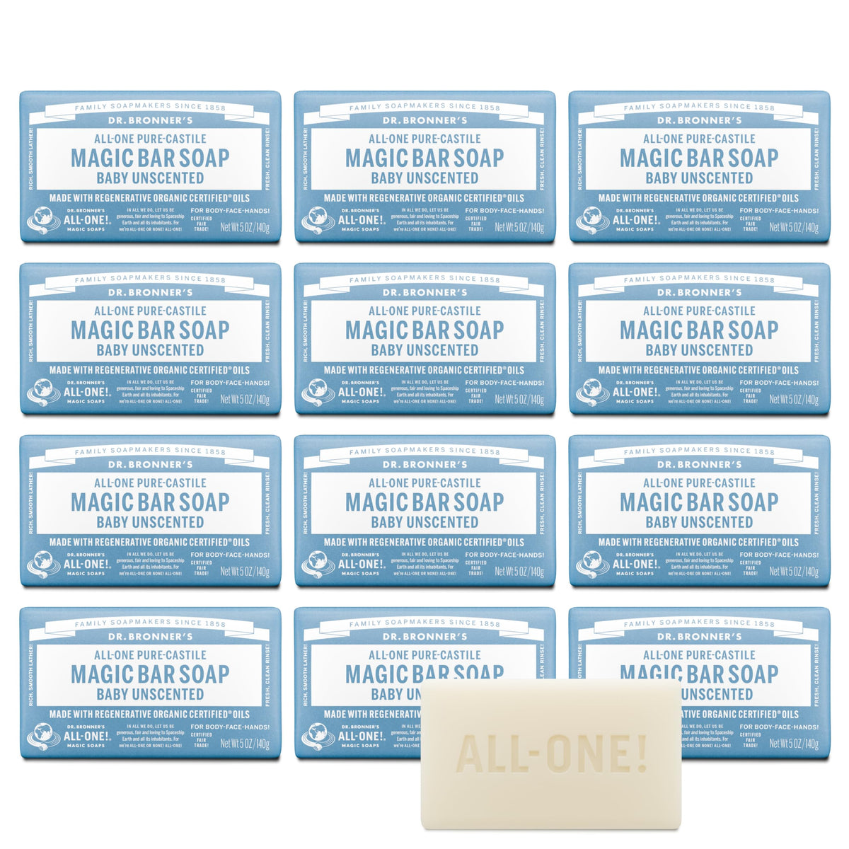 Dr. Bronner's barra mágica para bebé, sin fragancia, suave con piel sensible