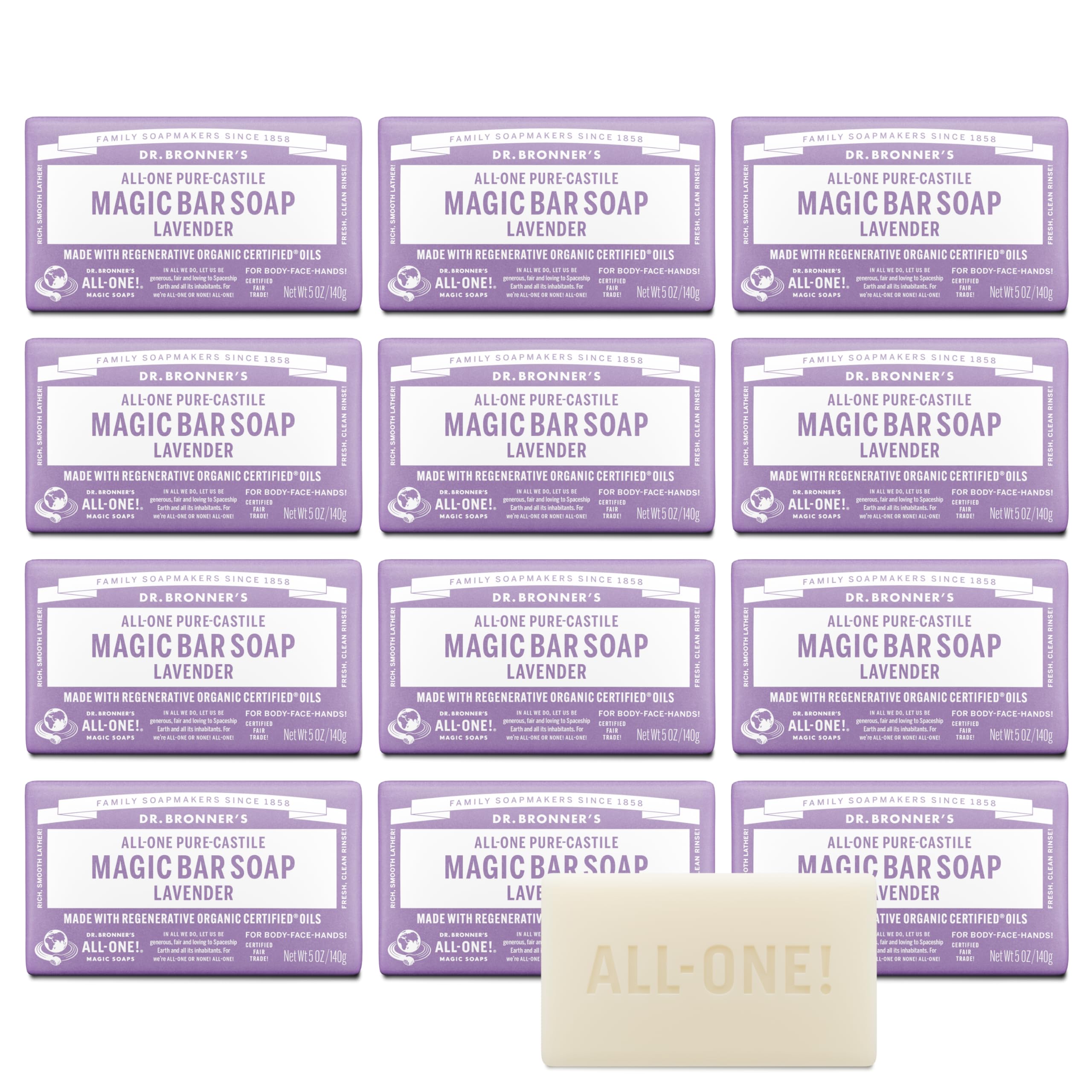 Dr. Bronner's barra mágica lavanda con espuma rica ideal para higiene diaria