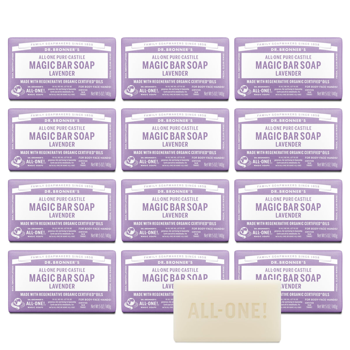 Dr. Bronner's barra mágica lavanda con espuma rica ideal para higiene diaria