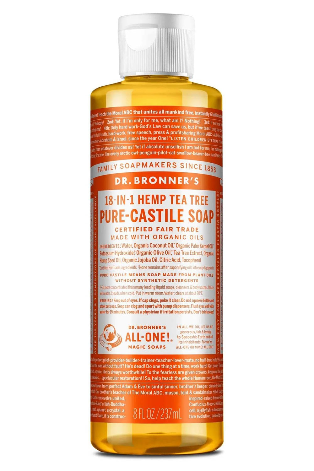 Dr. Bronner's Castile líquido, botella de 8 onzas, aroma a árbol de té para limpieza suave.