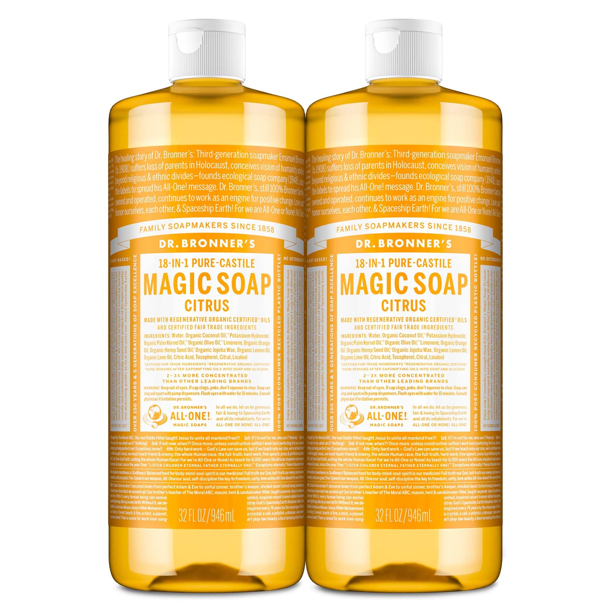 Dr. Bronner’s jabon liquido citrico, dos paquetes, limpieza diaria suave y efectiva