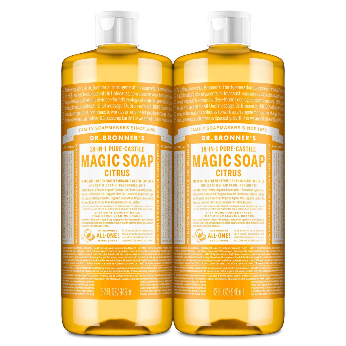Dr. Bronner’s jabon liquido citrico, dos paquetes, limpieza diaria suave y efectiva