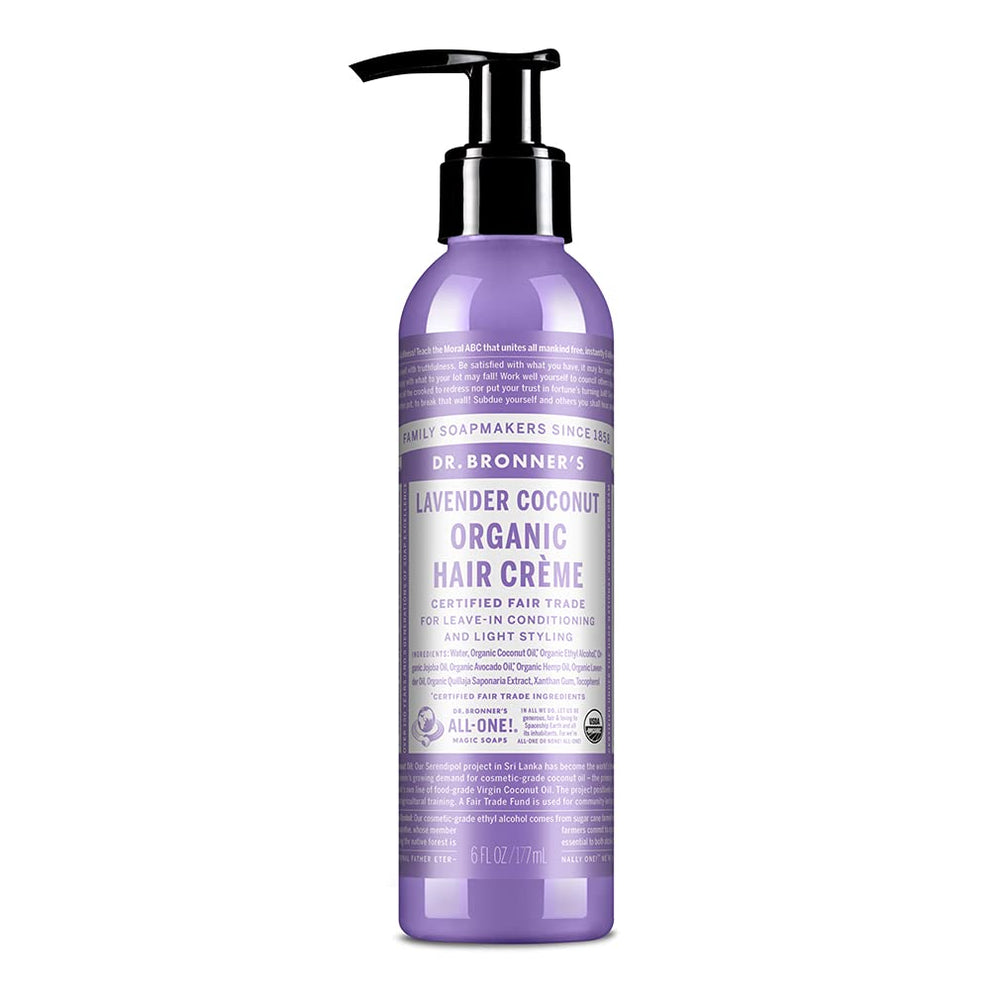 Dr. Bronner’s Crema para cabello con frasco frontal, brillo natural y suavidad.