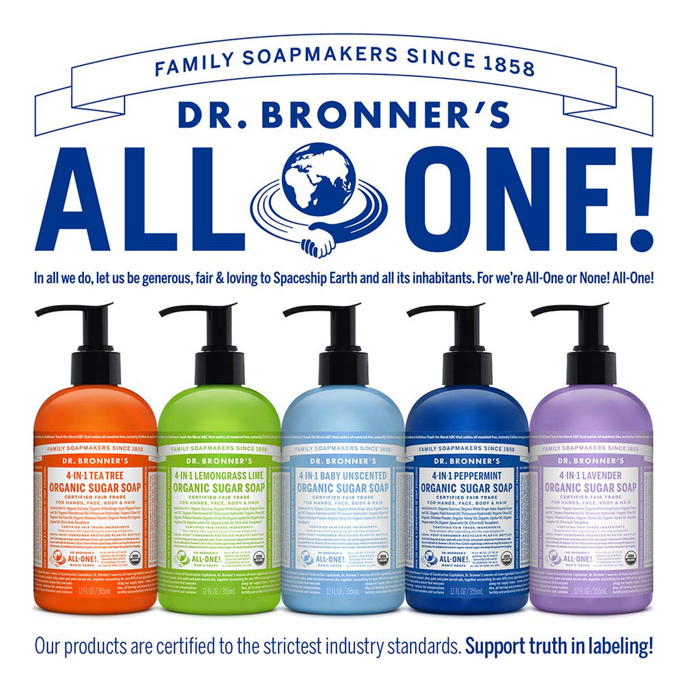 Dr. Bronner's envase 100% post-consumo para reducir residuos.
