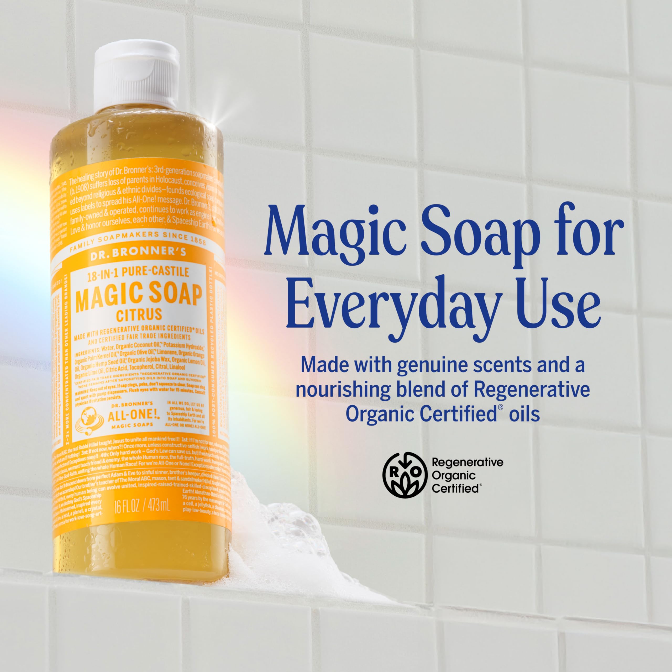 Espuma densa de Dr. Bronner's para ducha suave y agradable.