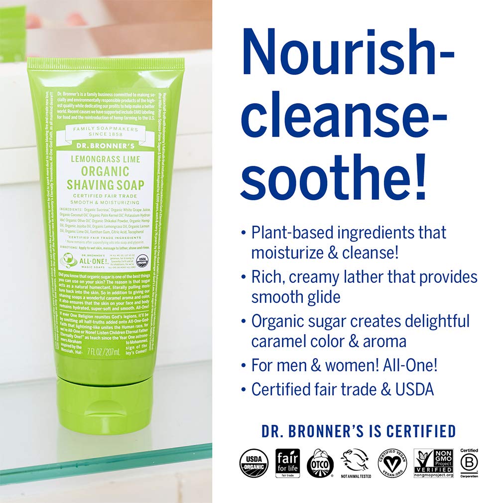 Dr. Bronner's Ingredientes orgánicos de azúcar aportan hidratación durante el afeitado.