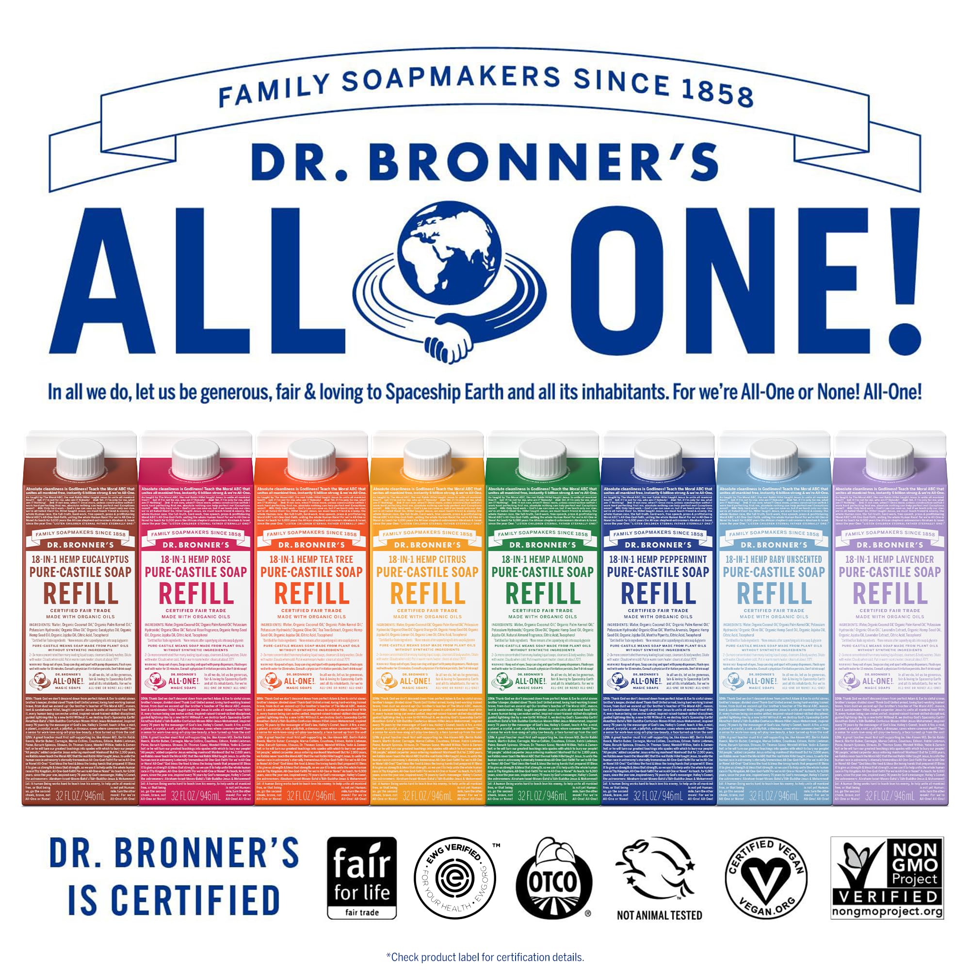 Dr. Bronner's Lavanda, ingredientes orgánicos certificados y ética de comercio justo.