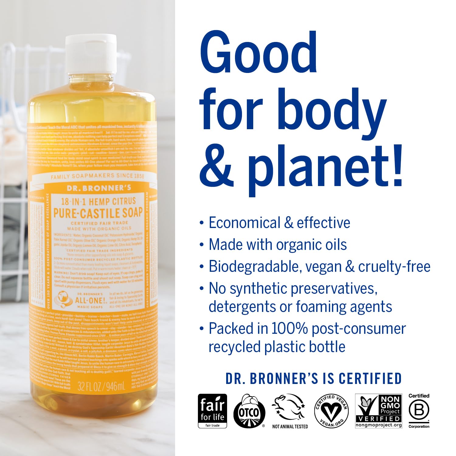 Dr. Bronner’s ingredientes organicos certificados, cultivo responsable visible en cada uso