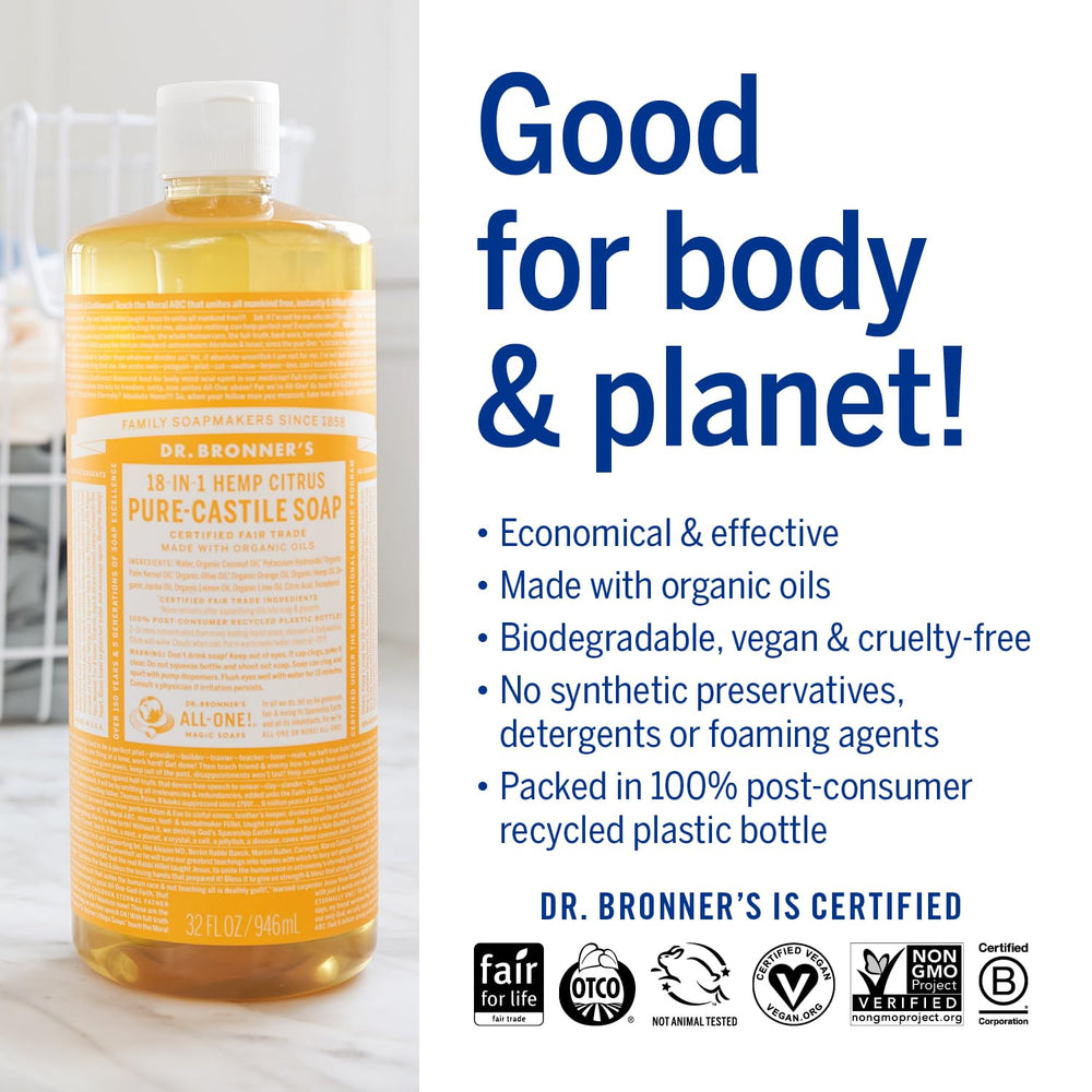 Dr. Bronner’s ingredientes organicos certificados, cultivo responsable visible en cada uso