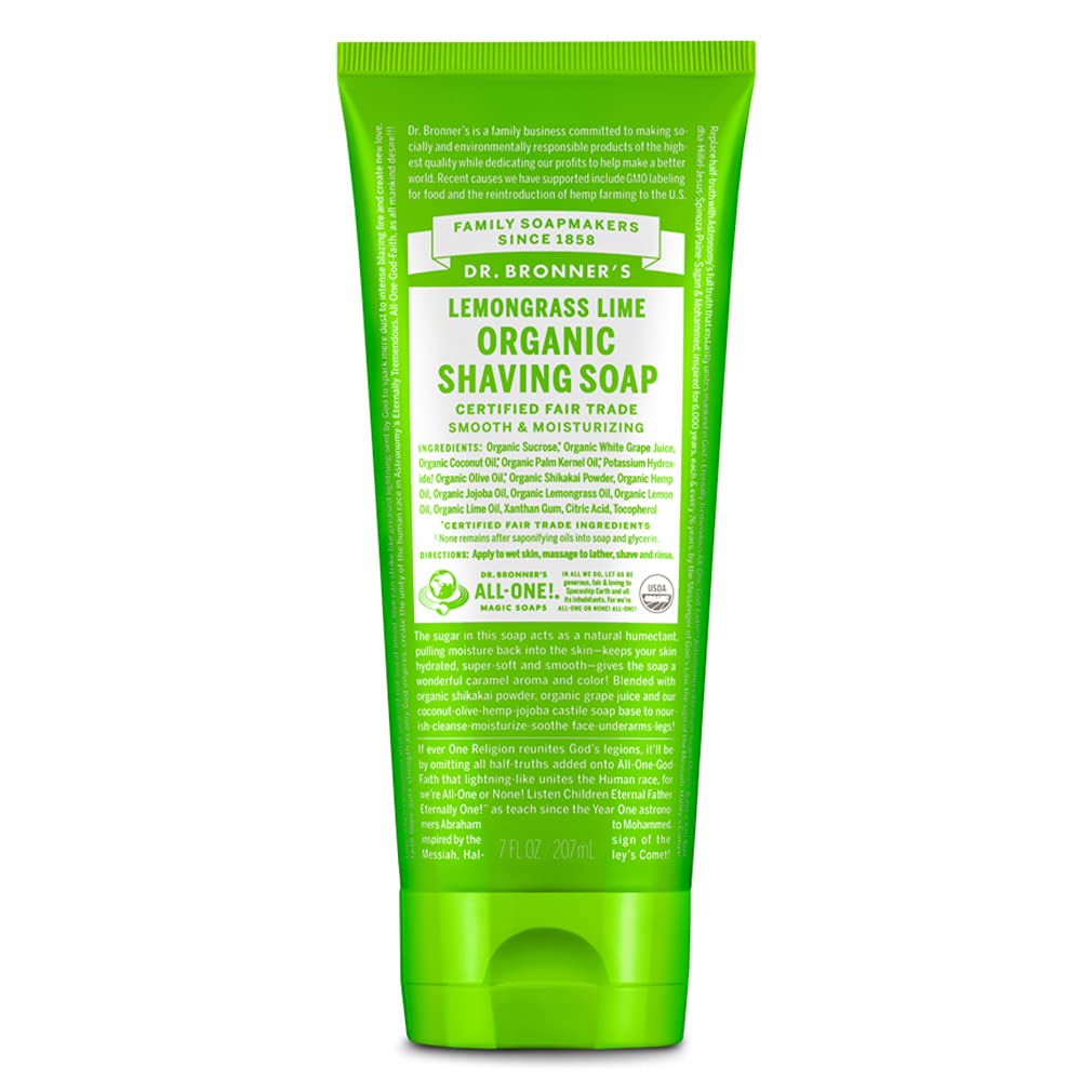 Dr. Bronner's Jabón de afeitar limón, volcado de botella, espuma suave para piel sensible.