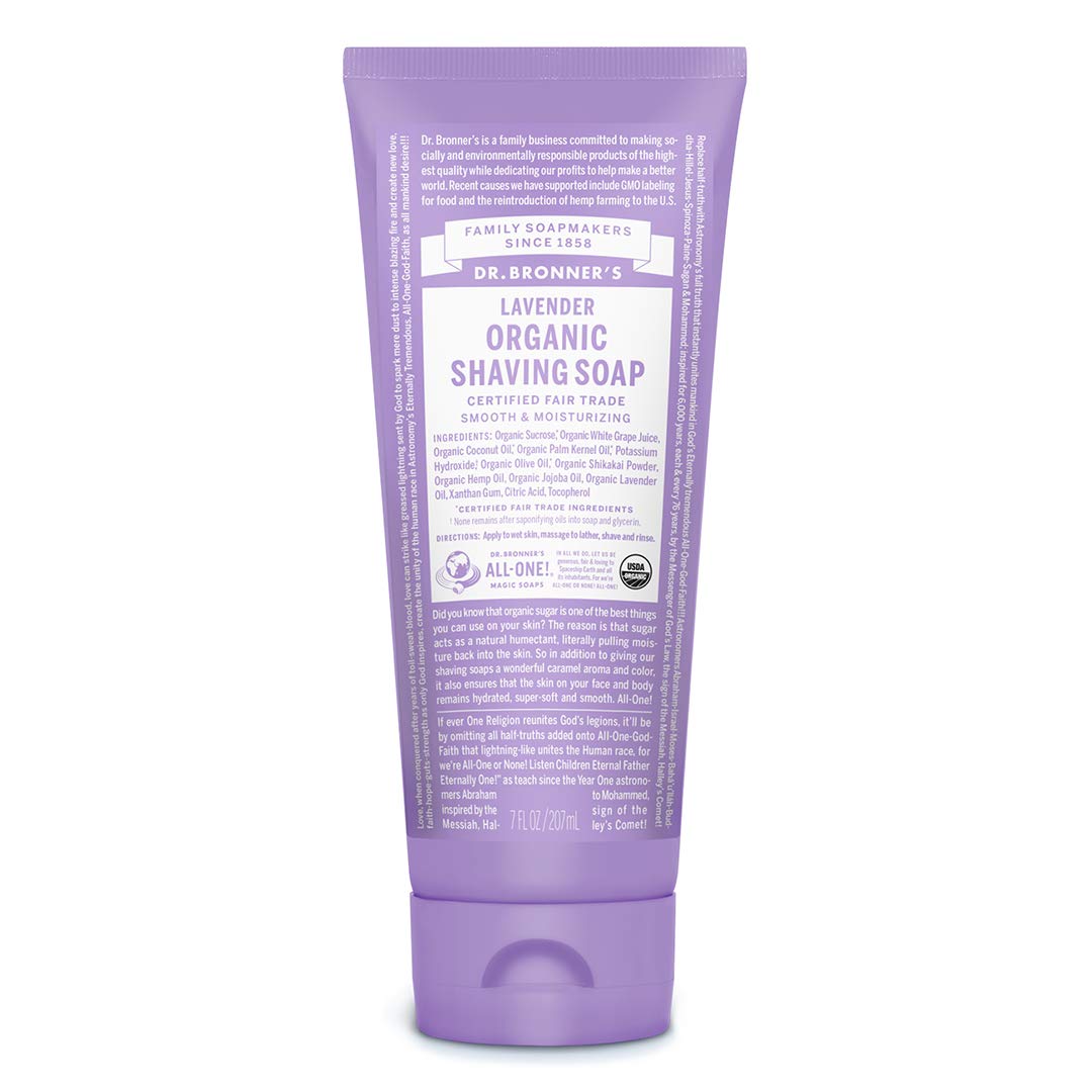 Dr. Bronner's jabón de afeitar orgánico lavanda, aceites vegetales para piel nutrida.