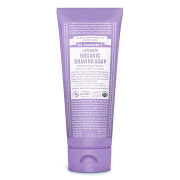 Dr. Bronner's jabón de afeitar orgánico lavanda, aceites vegetales para piel nutrida.