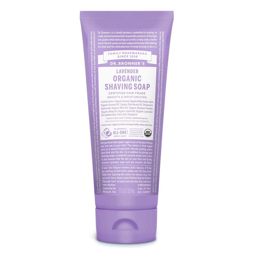 Dr. Bronner's jabón de afeitar orgánico lavanda, aceites vegetales para piel nutrida.