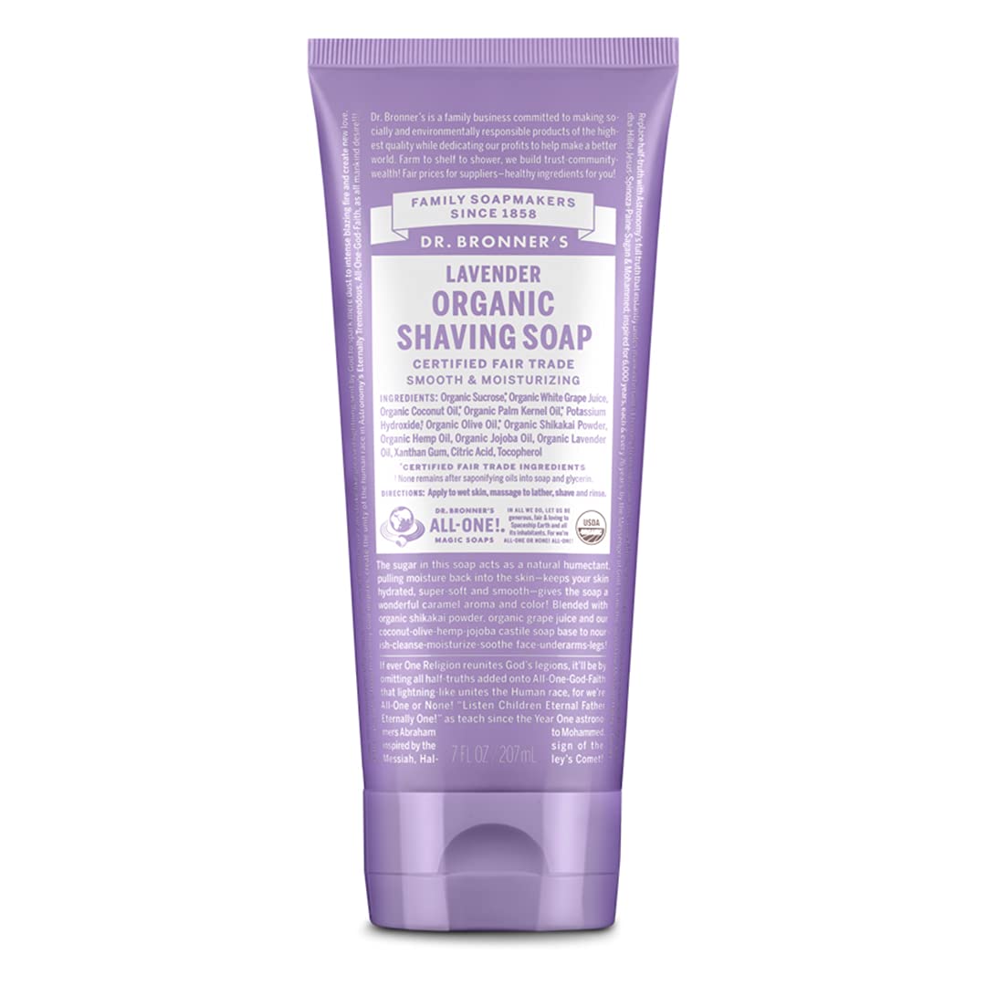 Dr. Bronner's jabón de afeitar orgánico lavanda, espuma cremosa para afeitado suave.