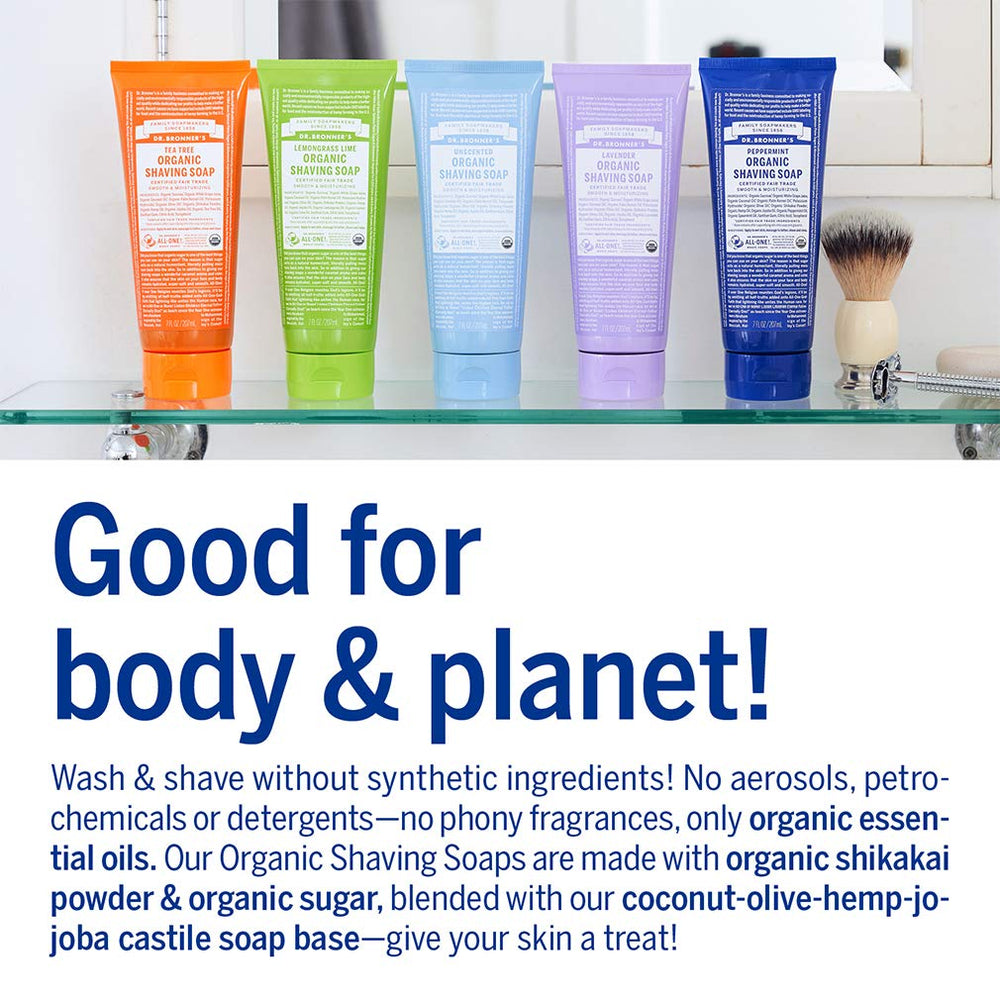 Dr. Bronner's jabón de afeitar orgánico lavanda, sin aditivos sintéticos para piel sensible.