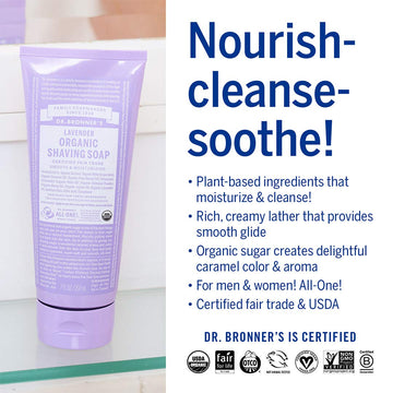 Dr. Bronner's jabón de afeitar orgánico lavanda, azúcar orgánico para hidratación.