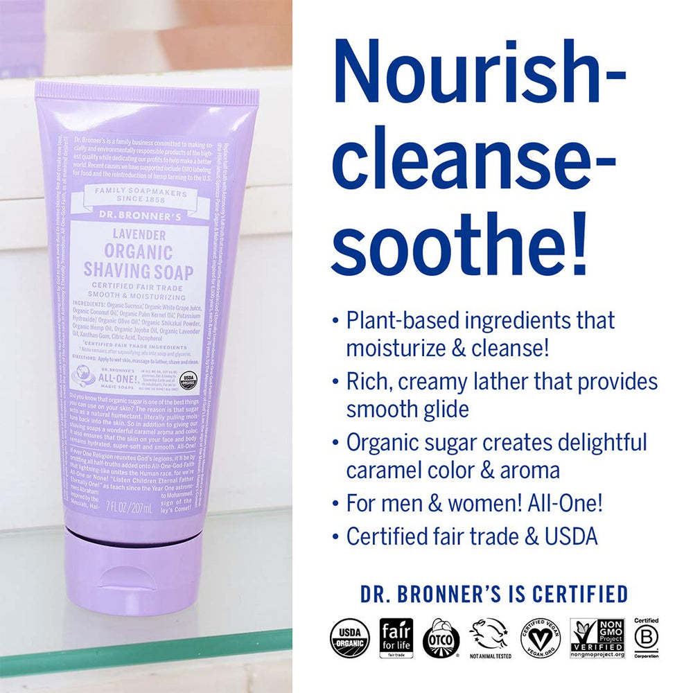 Dr. Bronner's jabón de afeitar orgánico lavanda, azúcar orgánico para hidratación.