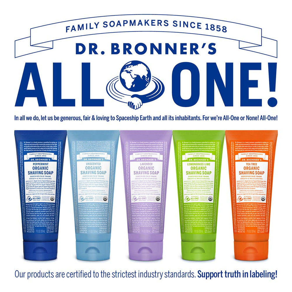 Dr. Bronner's jabon afeitar organico sin aditivos sintéticos ni detergentes.