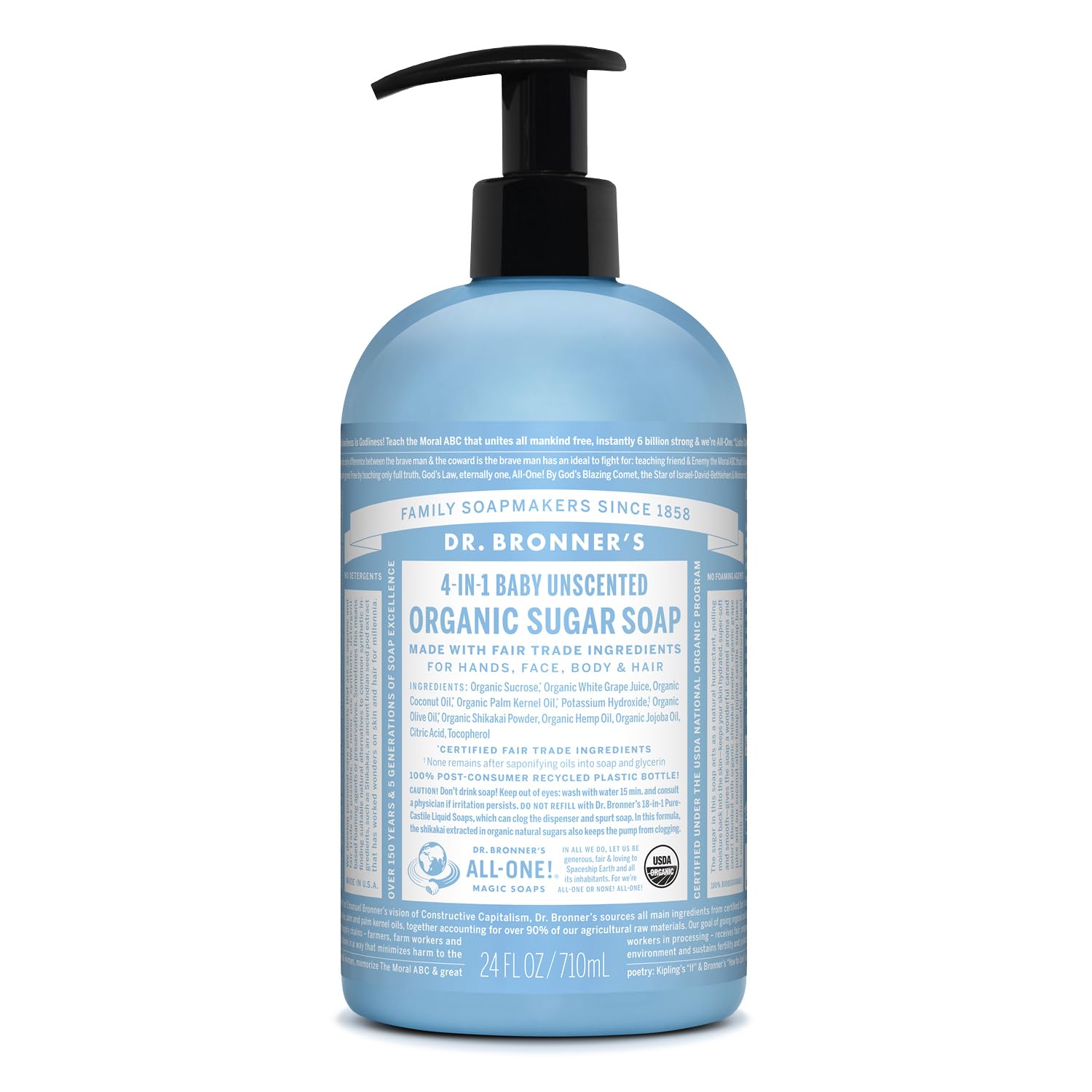 Dr. Bronner's Jabon Azucar Baby sin fragancia en botella, limpieza suave para toda la familia.