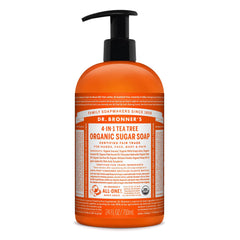 Dr. Bronner's Jabón de Azúcar Orgánico con Árbol de Té en botella, aroma suave.