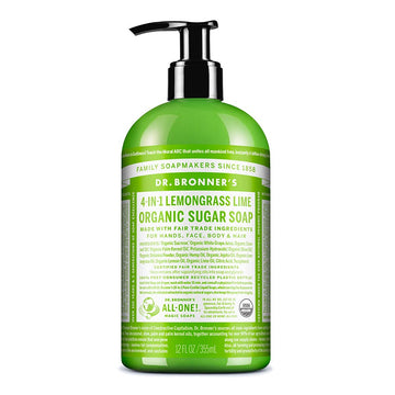 Dr. Bronner's Jabón de azúcar orgánico con hierba limón, ideal para lavado de manos diario.