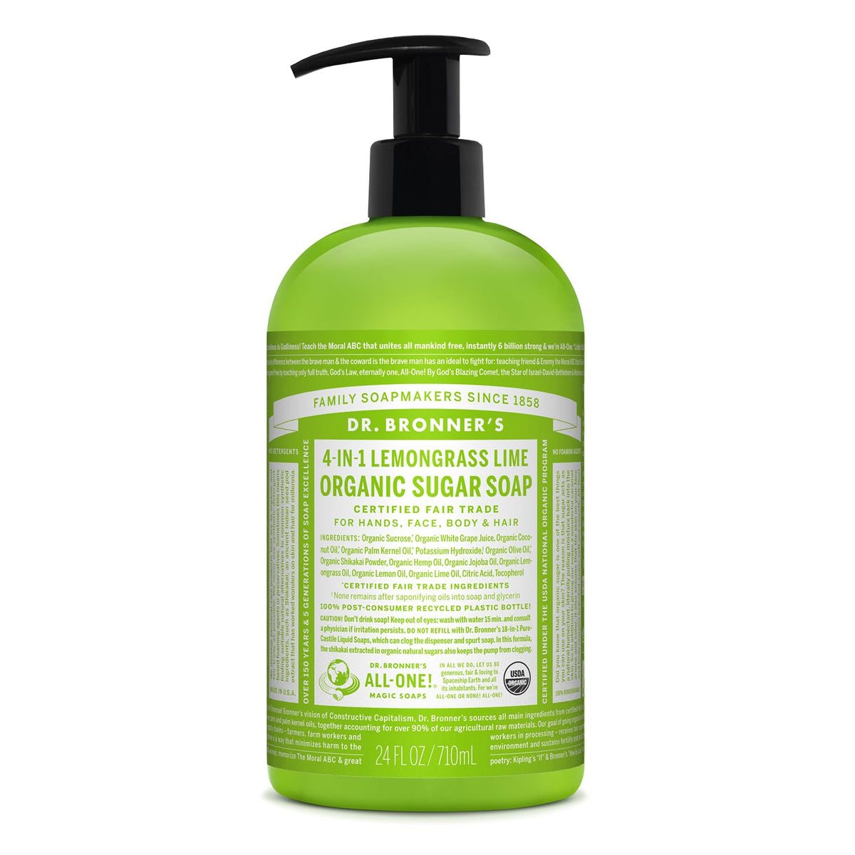Dr. Bronner's Jabón de azúcar orgánico hierba limón para manos suaves.