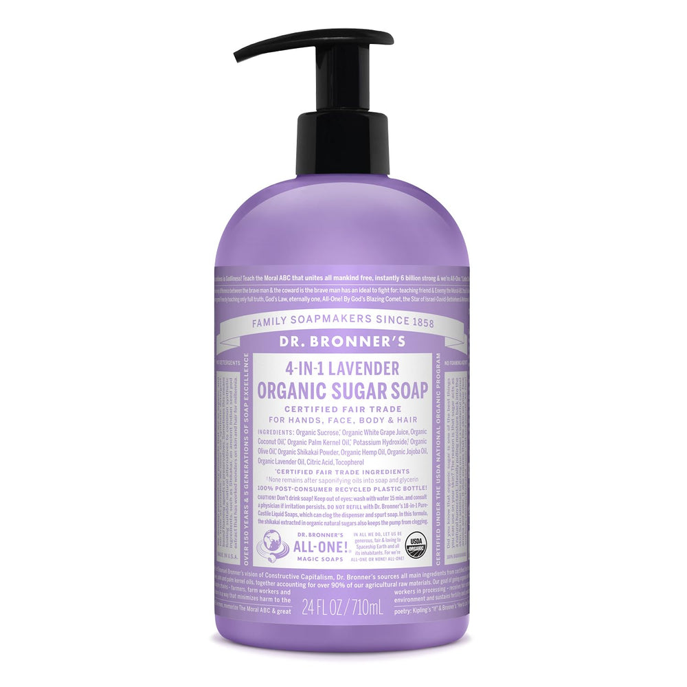 Jabón orgánico Dr. Bronner's de lavanda en botella, aroma relajante para manos y piel.