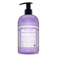 Jabón orgánico Dr. Bronner's de lavanda en botella, aroma relajante para manos y piel.
